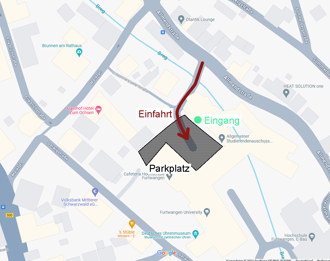 Im Innenhof kann geparkt werden, die Einfahrt kommt von der Allmendstraße her über die Colestine-Eisele-Straße.